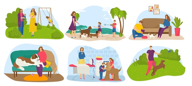 Conjunto de dueño de perro, ilustración vectorial. Personaje de dibujos animados hombre mujer caminar con mascota cachorro en el parque, juego familiar con animales domésticos en la playa, colección. Los niños se preocupan por un amigo, descansan en casa.