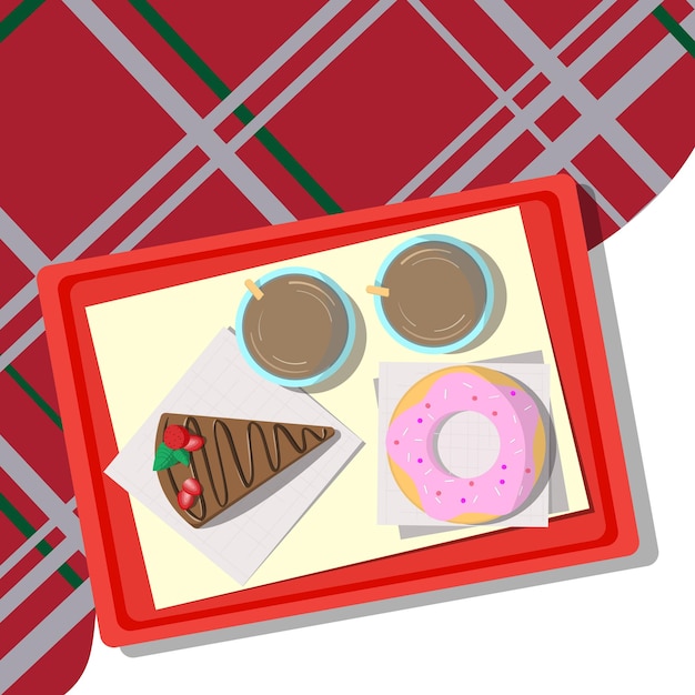 Vector conjunto, de, dulces, acostado, en, un, bandeja, mantel a cuadros, vector