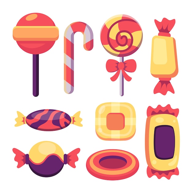 Conjunto de dulces caramelos duros y barra de caramelo piruleta menta ilustración vectorial
