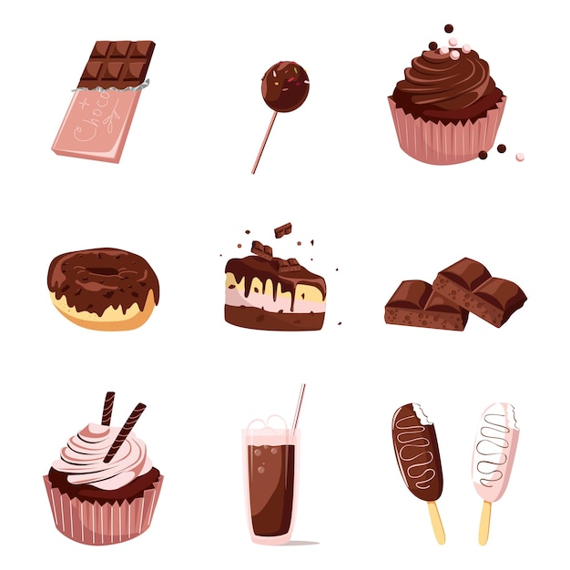 Conjunto de dulces de chocolate Chocolate bar cupcakes donut popsicle Ilustración de dibujos animados aislado en blanco