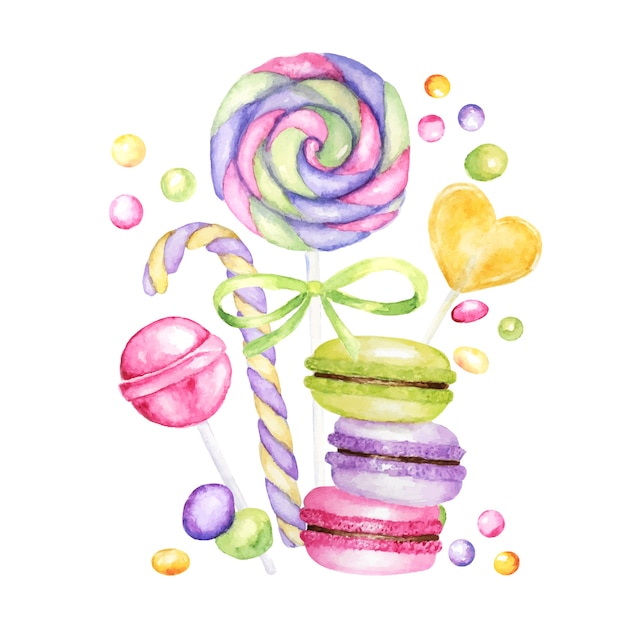 Conjunto de dulces de colores brillantes. Piruletas colores brillantes en blanco