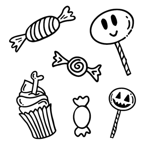 Conjunto de dulces dibujados a mano piruletas cupcake en estilo doodle Dulces tradicionales de halloween