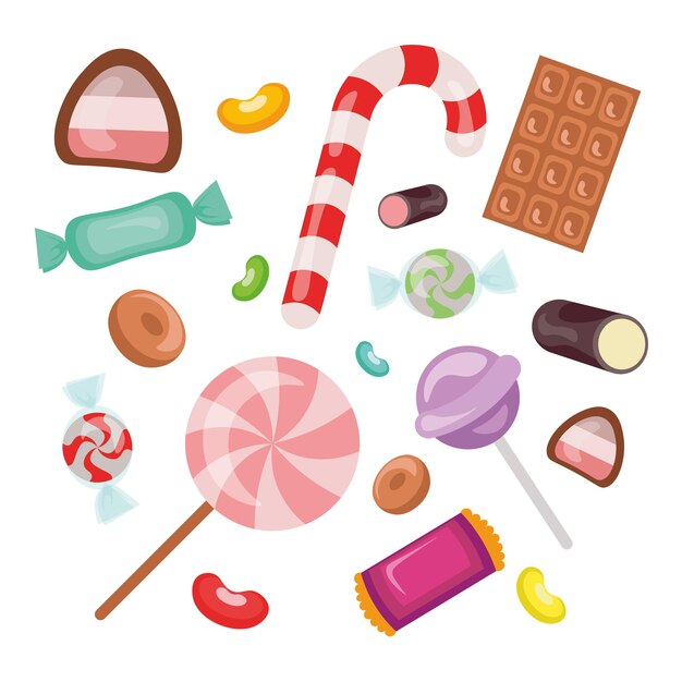 Conjunto de dulces de diferentes formas sobre fondo blanco Ilustración vectorial de piruletas y chocolates para las vacaciones al estilo de dibujos animados
