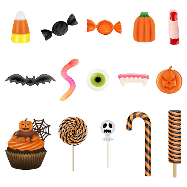 Conjunto de dulces de Halloween. Dulces de Halloween, magdalenas y piruletas