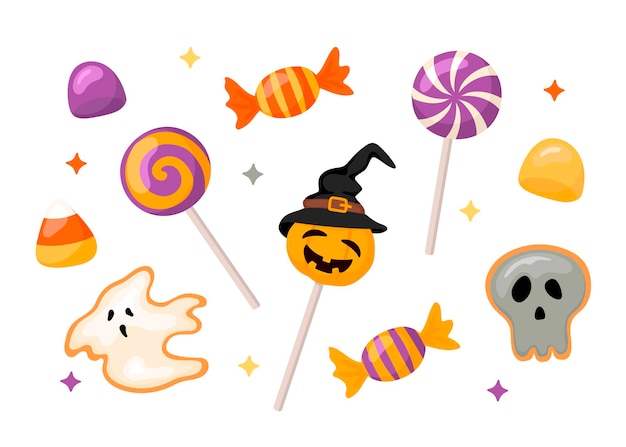 Vector un conjunto de dulces de halloween. incluye dulces en un palito, pan de jengibre, caramelo, mermelada en estilo de dibujos animados