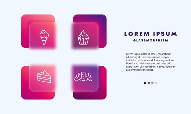 Conjunto de dulces icono Helado pastel pastel croissant Yummy concepto Glassmorphism estilo Vector línea icono para Negocios y Publicidad
