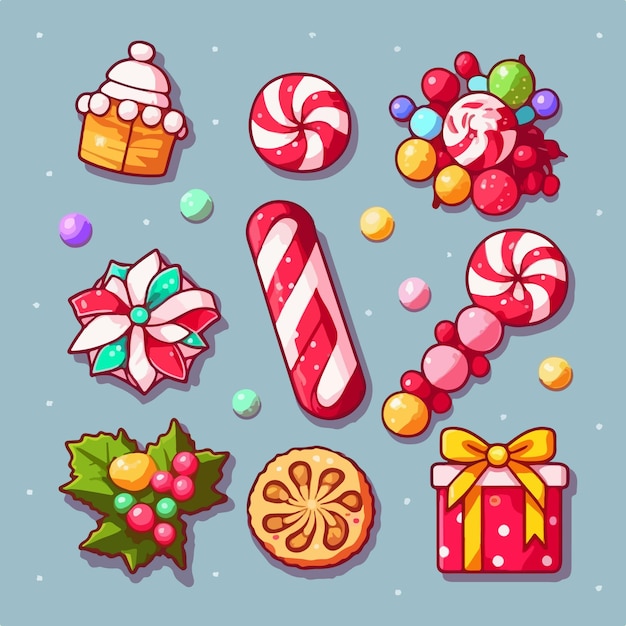 Vector un conjunto de dulces navideños decoración de colección de pegatinas de dulces navideños colección newyear