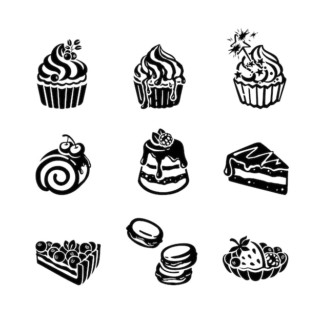 Conjunto de dulces pastel postre dibujado a mano ilustración