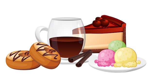 Conjunto de dulces y té sobre un fondo blanco - ilustración vectorial