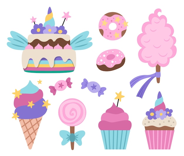Conjunto de dulces vectoriales pastel de colores arco iris, helado, piruleto, azúcar de algodón, rosquillas, pasteles con cuerno de unicornio, estrellas y alas, colección de postres de cuentos de hadas mágicos.