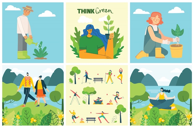Conjunto de eco guardar imágenes del medio ambiente. Personas cuidando collage del planeta. Cero desperdicio, piensa en verde, salva el planeta, nuestro texto escrito a mano en el hogar en el diseño plano