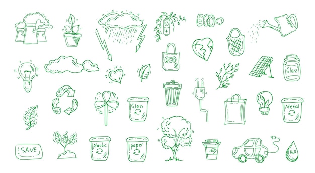 Conjunto de ecología Ilustración vectorial de diseño dibujada a mano Problema de ecología Iconos de reciclaje en estilo doodle