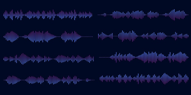 Conjunto de ecualizador de mensajes de voz Línea de sonido de voz con gradiente de líneas rotas en fondo oscuro