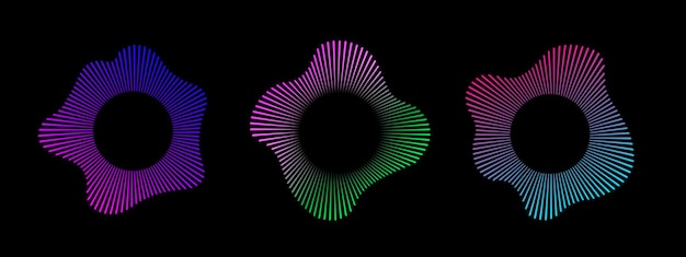 Un conjunto de ecualizadores de neón en un fondo negro Ondas de audio multicolores Curva radial de la onda de audio Ilustración vectorial