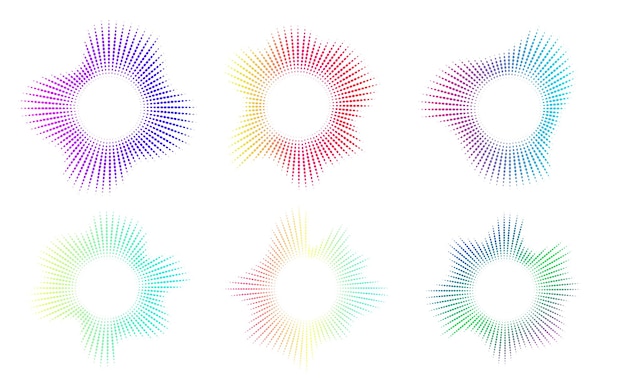 Un conjunto de ecualizadores con puntos de neón sonido radial ondas sonoras multicolores símbolo musical ondas sonoras circulares comunicación digital espectro radial vectorial