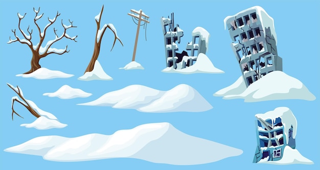 Conjunto de edad de hielo. Juego de dibujos animados objetos montañas de nieve y edificios.