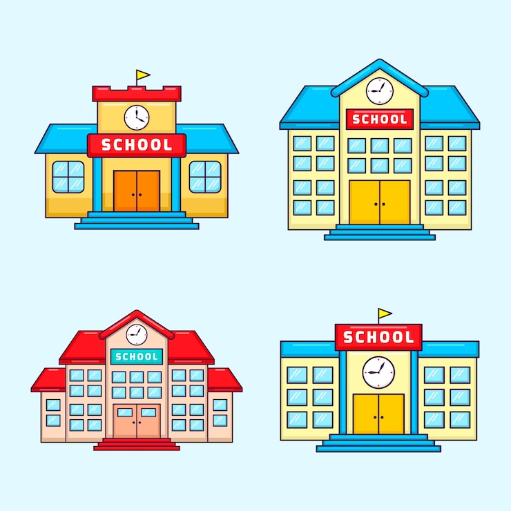 Vector conjunto de edificio escolar en dibujos animados arquitectura vector ilustración estilo plano concepto