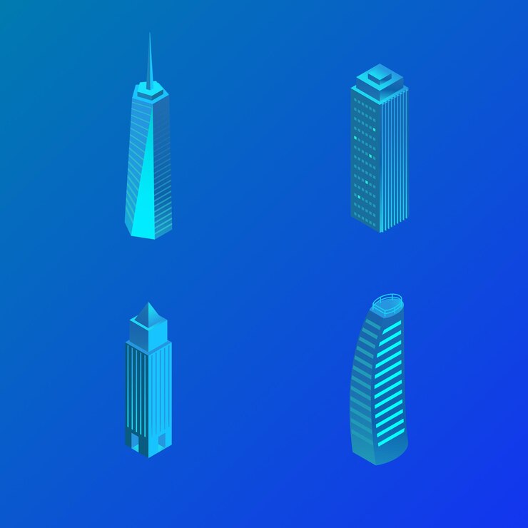 Conjunto de edificio isométrico Vector Premium