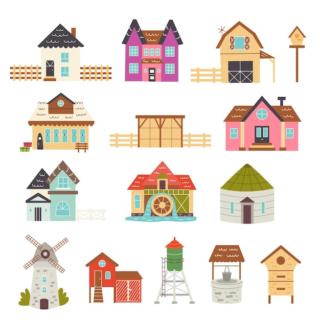 Conjunto de edificios de la casa de campo. casas rurales, estación de tren, granero, molino, ascensor, gallinero, torre de agua, pozo, colmenar. vector, mano, dibujar clipart