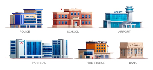 Conjunto de edificios de la ciudad Estación de policía escuela aeropuerto hospital estación de bomberos y banco Vector