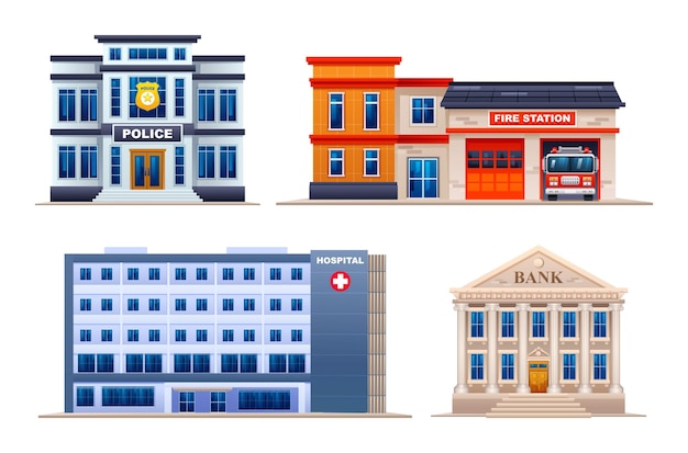 Conjunto de edificios de la ciudad Estación de policía Estación de bomberos Hospital y banco Ilustración vectorial