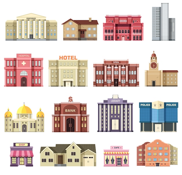 Conjunto de edificios de la ciudad vector plano colorido