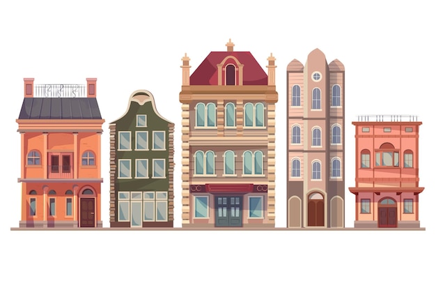 conjunto, de, edificios, encantador, caricatura, ilustración, de, único, conjunto, diseño