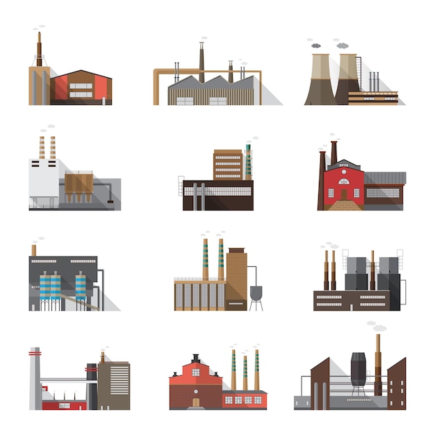 Conjunto de edificios de fábricas y plantas industriales. Fabricantes de colecciones con chimeneas humeantes. Vector ilustración colorida en estilo plano.