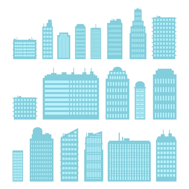 Conjunto de edificios de gran altura de varios pisos. Estilo de dibujos animados. Ilustración vectorial.