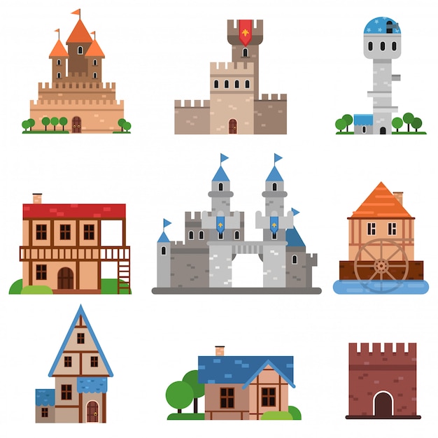 Conjunto de edificios históricos medievales de diferentes países, torres, castillos, fortalezas, casas Ilustraciones de dibujos animados