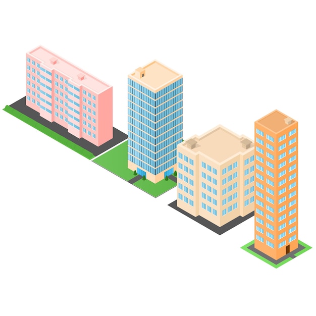 Conjunto de edificios isométricos. Casas y oficinas de gran altura. La arquitectura moderna. Casas adosadas. Ilustración vectorial.