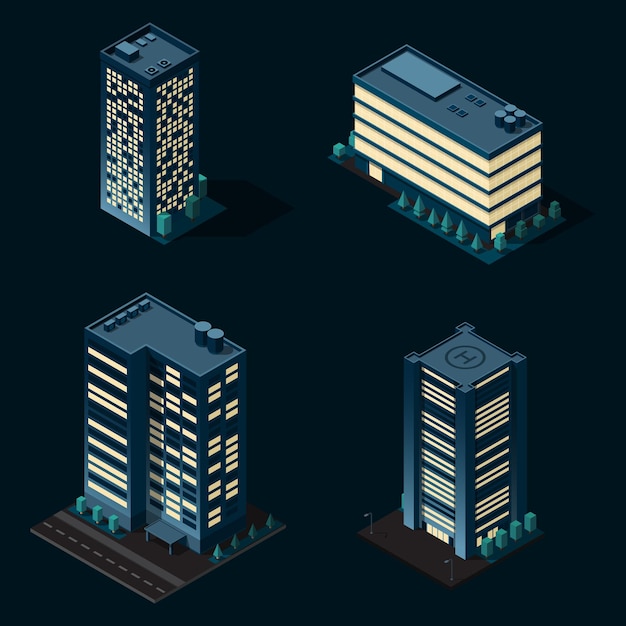 Conjunto de edificios isométricos de la ciudad por la noche Edificio moderno isométrico Edificio de rascacielos o oficina de negocios Ilustración vectorial