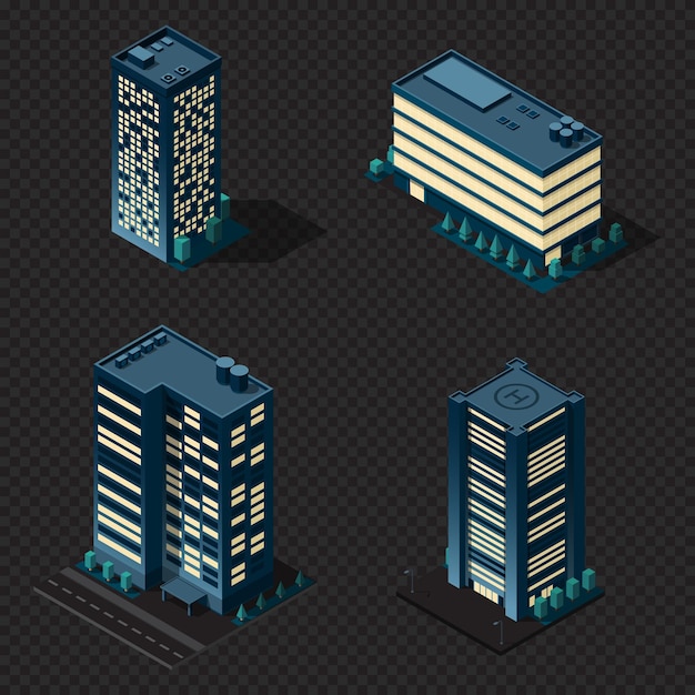 Conjunto de edificios isométricos de la ciudad por la noche Edificio moderno isométrico Edificio de rascacielos o oficina de negocios Ilustración vectorial