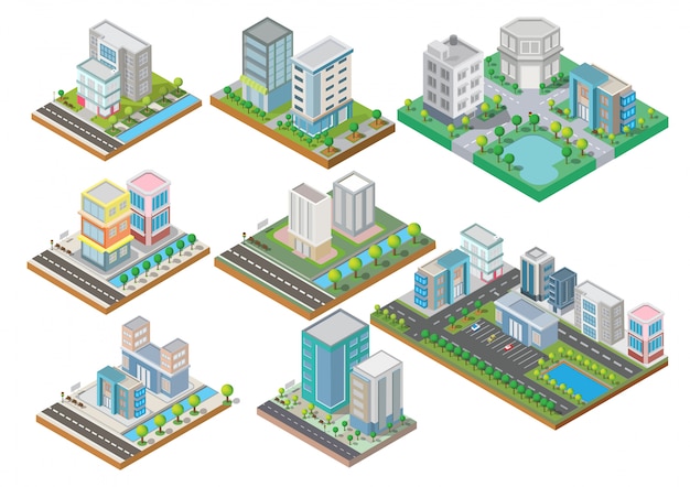 Conjunto de edificios isométricos con patio, río, carretera y árboles.