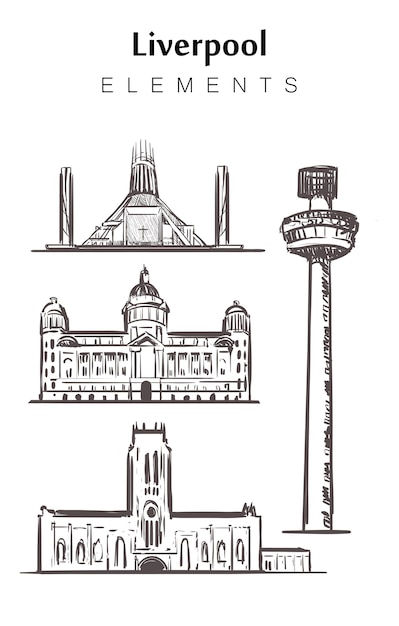Conjunto de edificios de Liverpool aislado en blanco