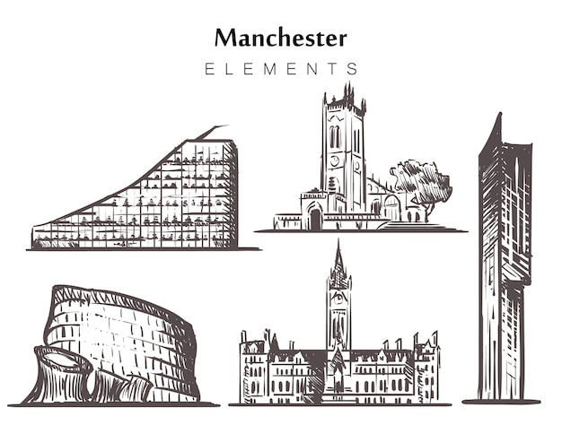 Conjunto de edificios de manchester dibujados a mano