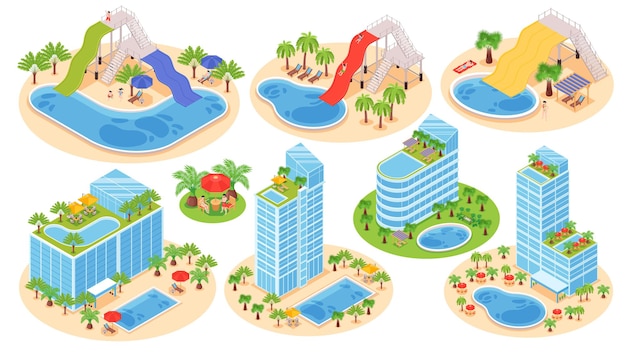 Vector conjunto de edificios y piscinas.