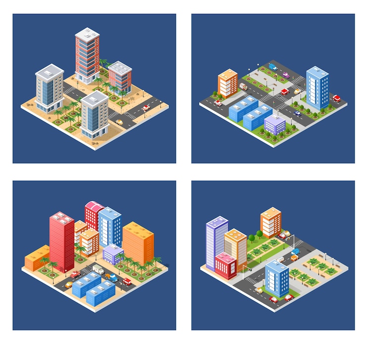 Vector conjunto de edificios y plantas isométricas modernas para sitios
