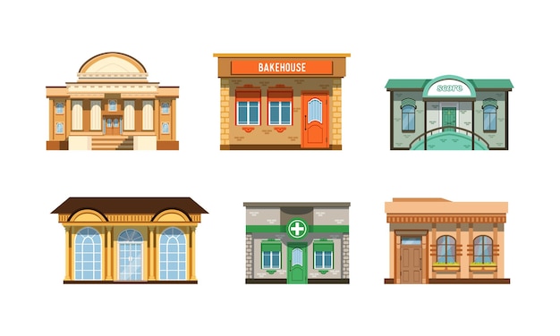 Conjunto de edificios públicos de la ciudad Biblioteca panadería puntuación farmacia fachadas detalladas ilustración vectorial plana