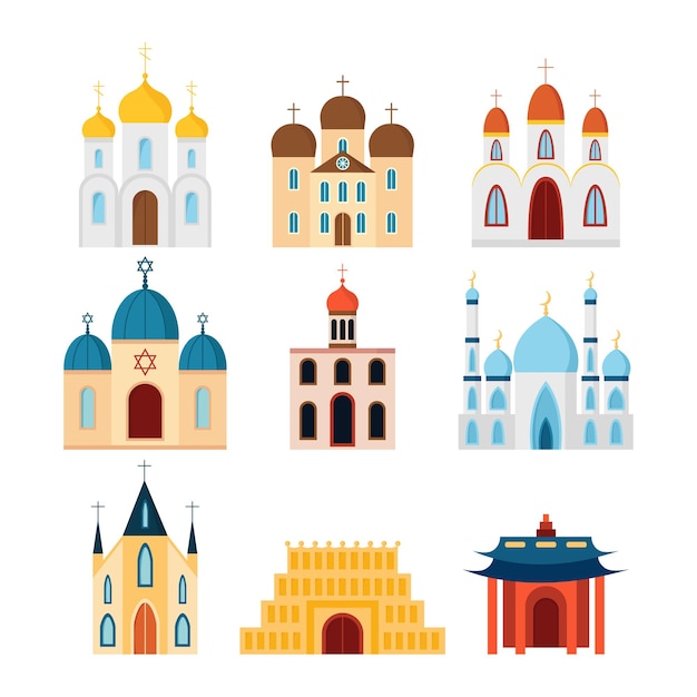 Conjunto de edificios religiosos diseño sflat Vector diferentes templos religiosos