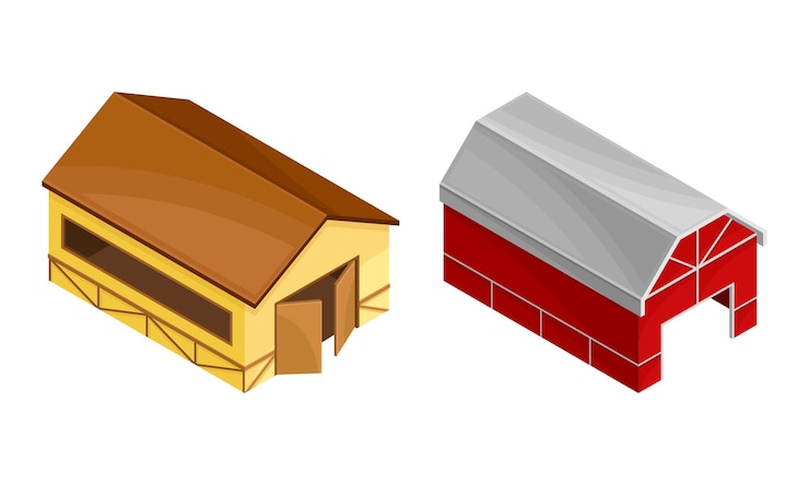 Vector conjunto de edificios rurales de la granja los graneros de madera ilustración vectorial isométrica
