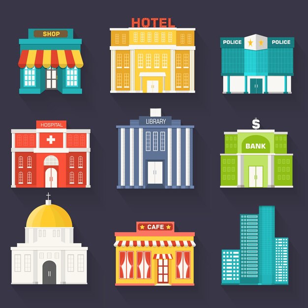 Conjunto de edificios de sity vector plano colorido