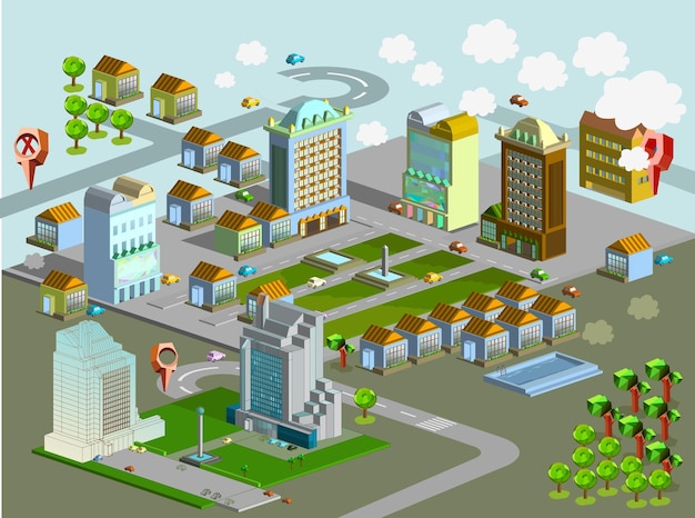conjunto de edificios urbanos isométricos. Ilustración de vector de paisaje urbano