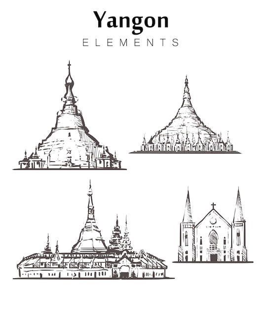 Conjunto de edificios yangon dibujados a mano.