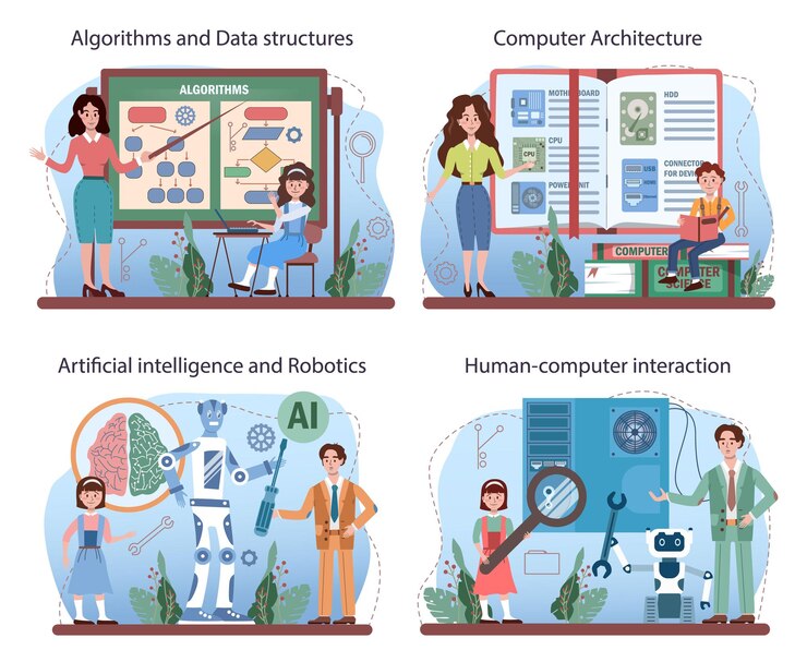 Vector conjunto de educación de ti. estudiantes aprendiendo sobre algoritmos, ia y computadoras.