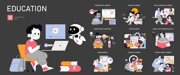Conjunto educativo que ilustra métodos modernos de aprendizaje, incluida la educación personalizada mixta y de tallo