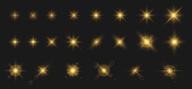 Conjunto de efecto de luz brillante con chispas o destello de la lente de la cámara y estrella brillante para el fondo de la fiesta