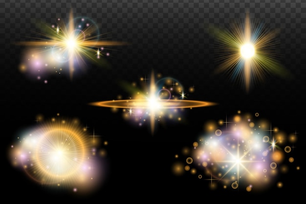 Conjunto de efecto de luz flash con deslumbramiento y brillo en un fondo transparente Arco iris mágico brillo brillante luz estrellas llamaradas ópticas para el diseño de fotomontaje de Año Nuevo y proyectos de vacaciones