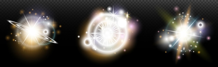 Vector conjunto de efecto de luz flash con deslumbramiento y brillo en un fondo transparente arco iris mágico brillo brillante luz estrellas llamaradas ópticas para el diseño de fotomontaje de año nuevo y proyectos de vacaciones