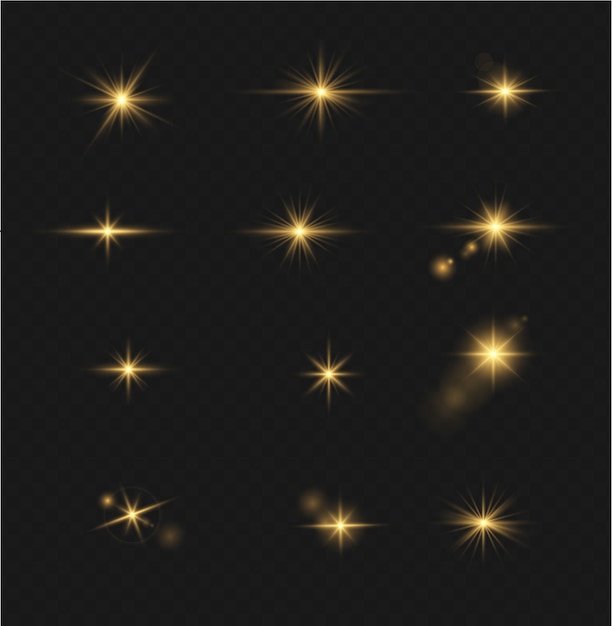Conjunto de efecto de luz de flash transparente de vector, lente especial de luz solar. Destellos y destellos de oro brillante